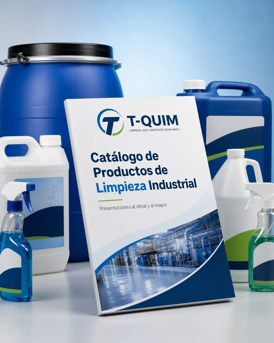 Catálogo de productos de limpieza industrial T-QUIM con presentaciones al detal y al mayor